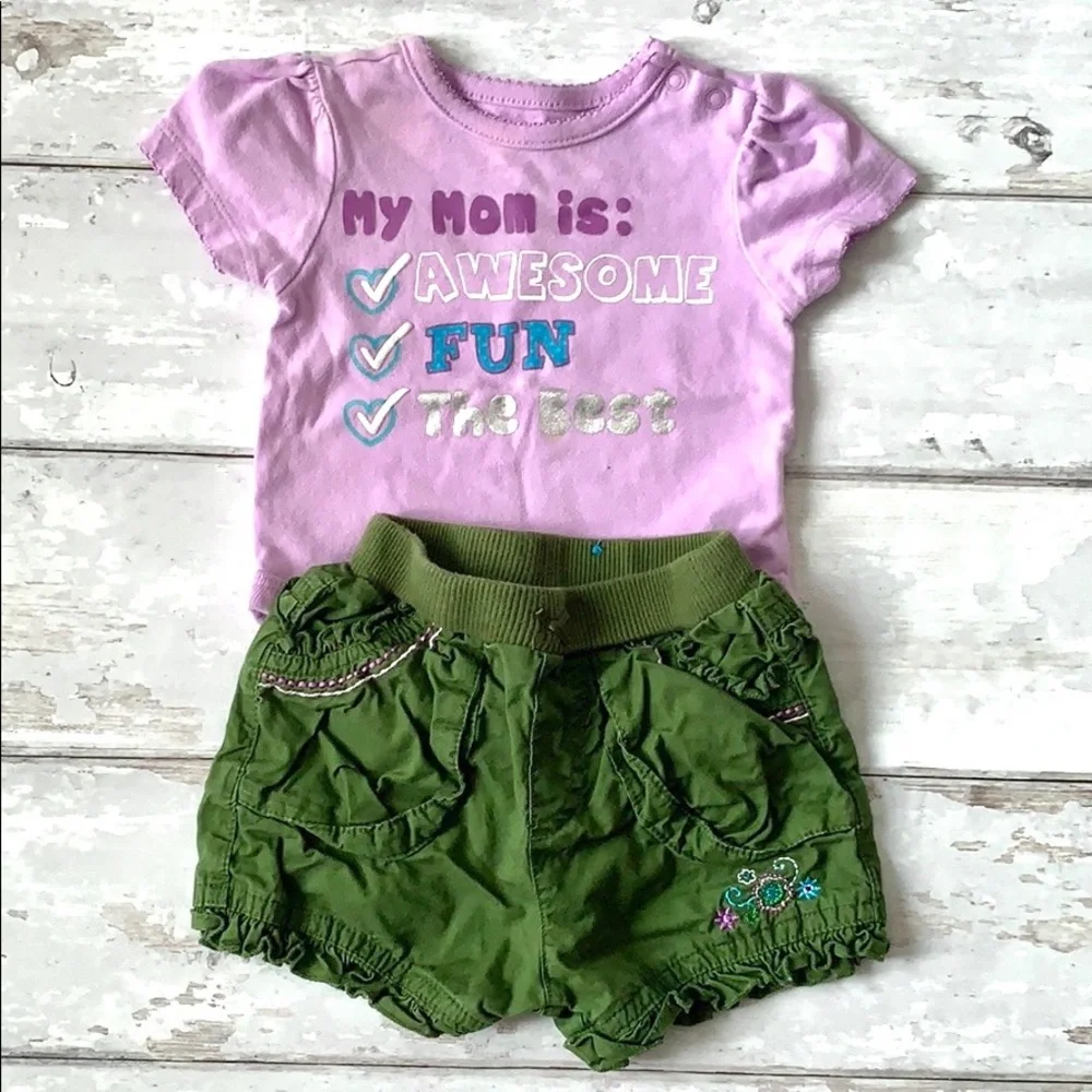 Baby Girl 0-3m Children’s Place Green Shorts Onesie Outfit Purple Bodysuit NB - Picture 3 of 5